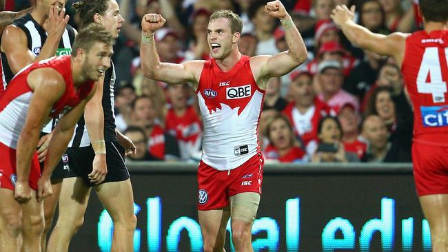 Tom Mitchell celebrates kicking a goal earlier in the year. Picture: Getty Images