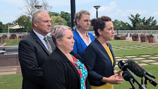 CLP ministers Steve Edgington and Marie-Clare Boothby, alongside Samara Laverty and Chief Minister Lia Finocchiaro, discussing the progress of Declan's Law, October 16, 2024. Picture: Alex Treacy