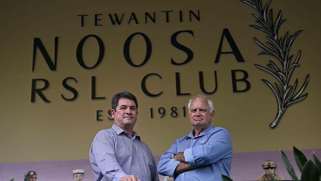 Tewantin Noosa RSL Club chairman Tim Bassett (blue shirt) and general manager Michael Sue See outside the club. Pic: Lyndon Mechielsen