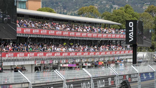 Thousands of fans in the grandstand at the VALO Adelaide 500 2022. Picture: Brenton Edwards