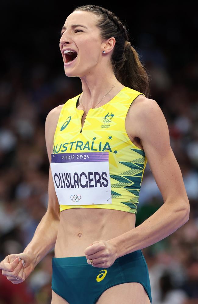 Nicola Olyslagers celebrates during the high jump. Picture: Cameron Spencer/Getty Images