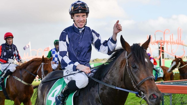 John Allen celebrates winning the 2020 South Australian Derby with Russian Camelot. Picture: Brenton Edwards