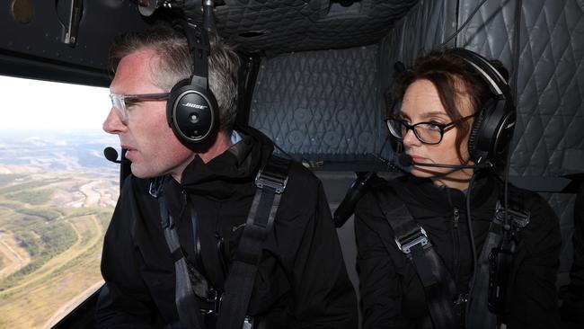NSW Premier Dominic Perrottet surveyed the floods in a chopper with Minister for Emergency Services and Resilience and Minister for Flood Recovery Steph Cooke. Picture: David Swift
