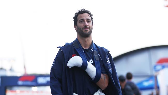 Daniel Ricciardo of Australia and Scuderia AlphaTauri wears a cast on his hand after the incident. (Photo by Dean Mouhtaropoulos/Getty Images)