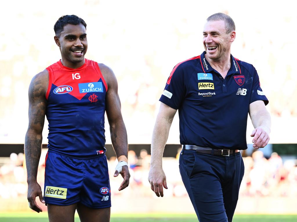 Kysaiah Pickett and coach Simon Goodwin were all smiles. Picture: Albert Perez/AFL Photos