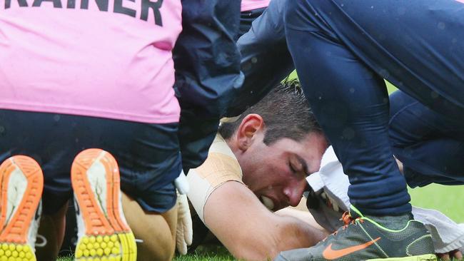 Jacob Weitering after being knocked to the ground. Picture: Getty Images