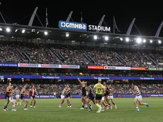GEELONG, AUSTRALIA - MARCH 16:  A general view during the round one AFL match between Geelong Cats and St Kilda Saints at GMHBA Stadium, on March 16, 2024, in Geelong, Australia. (Photo by Darrian Traynor/Getty Images)
