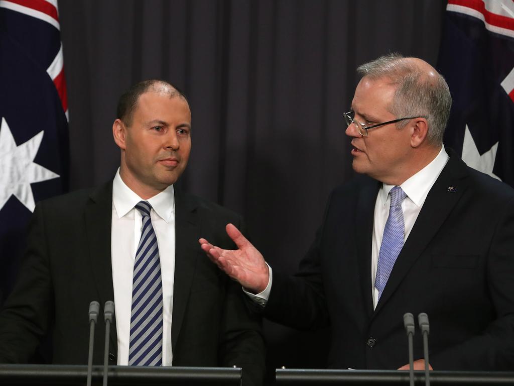 Josh Frydenberg and Scott Morrison  holding press conference at Parliament House in Canberra. Picture Kym Smith