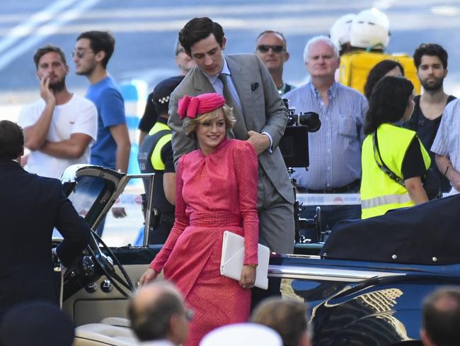 Actor Emma Corrin seen on the set of Netflix's 'The Crown' filming scenes as the late Princess Diana. Picture: GTres / SplashNews.com