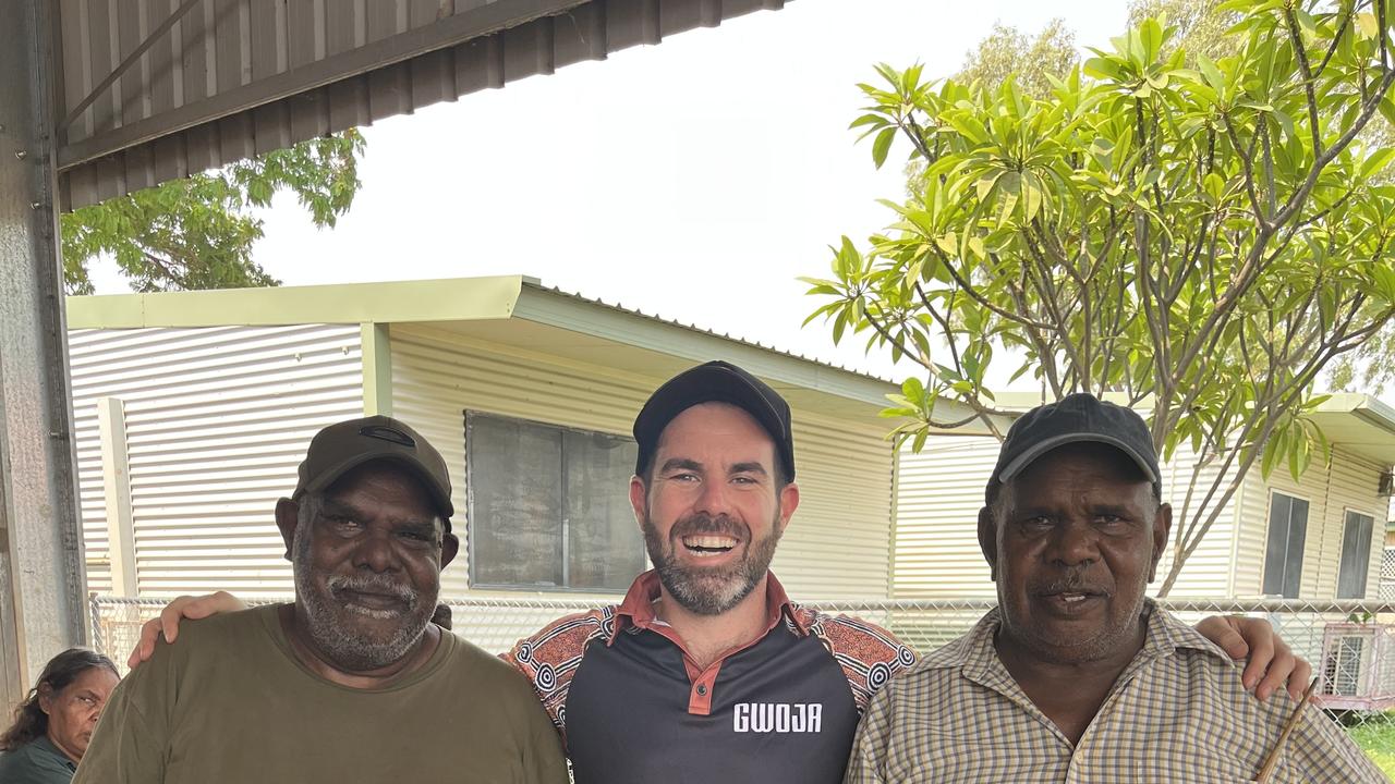 Nitjpurru traditional owners Raymond Hector and Elmore Anzac with Member for Gwoja Chansey Paech