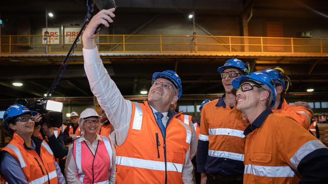 ELECTION TEAM 2022 LIBERAL BUS TOUR 28/4/2022 Prime Minister Scott Morrison in Hobart Tasmania in the electorate of Clark to visit the Nyrstar Smelter in Hobart to announce a re-elected Morrison Government will provide $50 million to Nyrstar as part of a $400 million investment to replace and upgrade the electrolysis plant. Picture: Jason Edwards