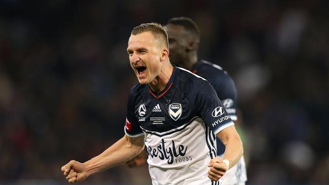 Besart Berisha of the Victory celebrates the win over the Jets during the 2018 A-League Grand Final