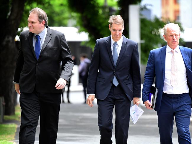 Nyrstar CEO Hilmar Rode, vice president of its Australian operations Mark Zaborowski and lobbyist Ian Smith arrive to meet Treasurer Rob Lucas in November last year. 