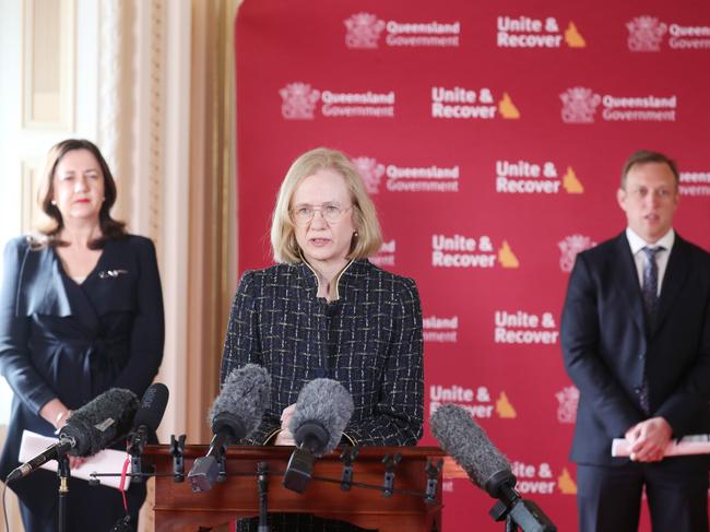 Chief Health Officer Jeannette Young flanked by Premier Annastacia Palaszczuk and Health Minister Steven Miles