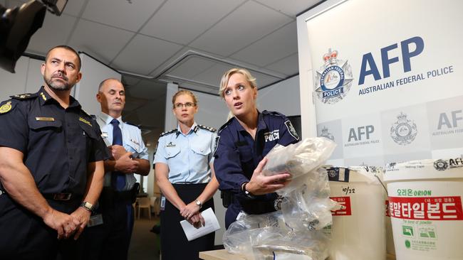 Pictured at AFP headquarters in Sydney is Acting Commander of Border Force Garry Lowe, Assistant Commissioner Stuart Smith, Assistant Commissioner Justine Gough and an Australian Federal Police agent at a press conference announcing arrests in connection with a one tonne MDMA drug haul. Picture: Richard Dobson