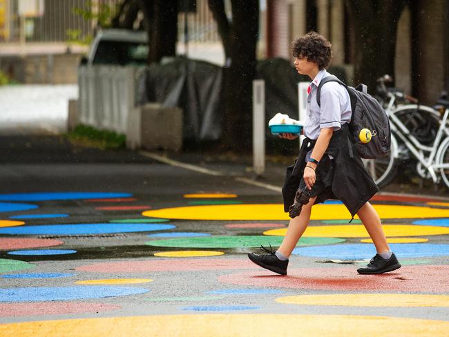 Cnr Canterbury and Ballarat Streets, Yarraville. Caroline McKean, mum of two is upset council would not consider the safety of young children when installing colourful dots resembling a playground on a busy road. There are various intersections in Yarraville Village covered in coloured dots. Picture: Mark Stewart