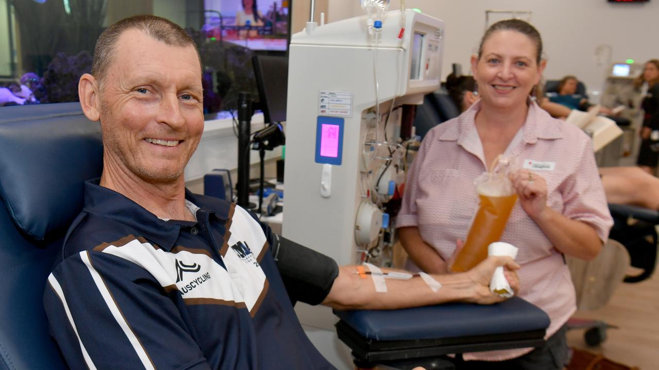 Nick Verhoeven, with Registered Nurse Mel McCormick, donates plasma at the Townsville Lifeblood Donor Centre at Domain. Picture: Evan Morgan