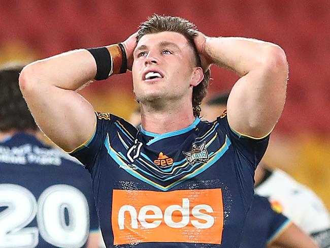 BRISBANE, AUSTRALIA - JUNE 07: Jai Arrow of the Titans celebrates victory during the round four NRL match between the Gold Coast Titans and the Wests Tigers at Suncorp Stadium on June 07, 2020 in Brisbane, Australia. (Photo by Chris Hyde/Getty Images)