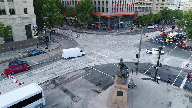 New drone footage shows Adelaide's North Terrace tram upgrade progress