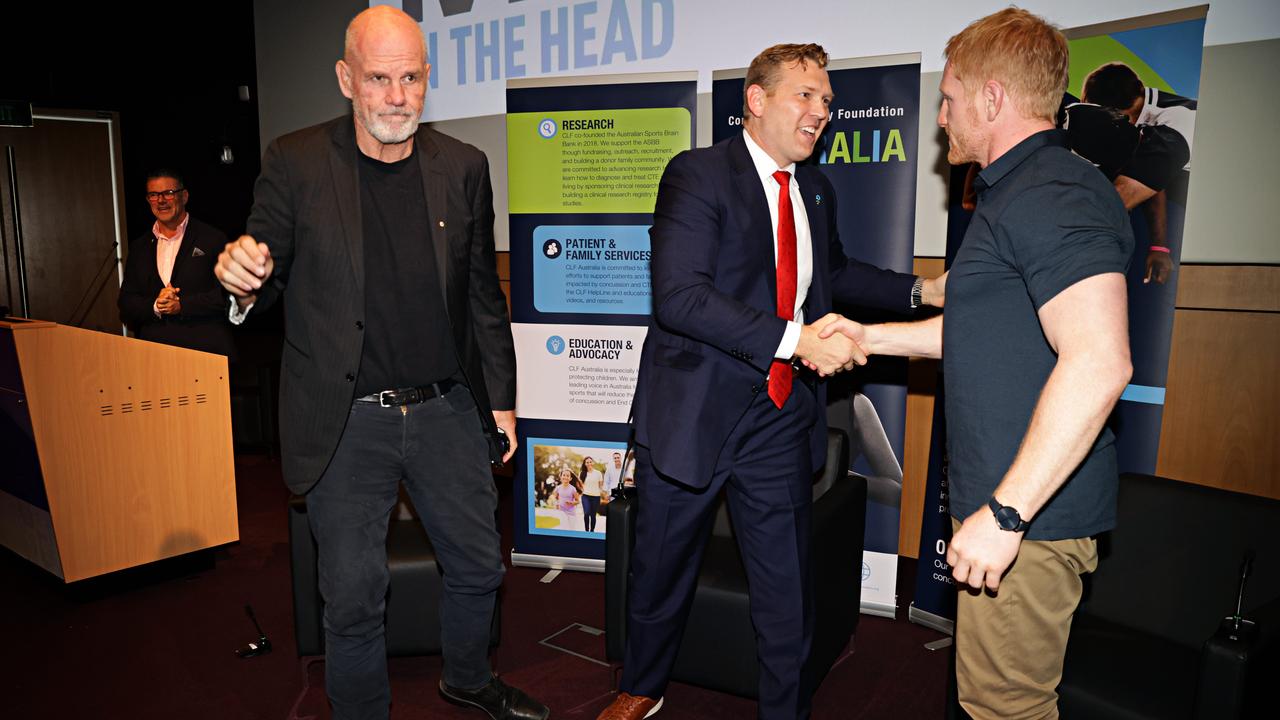 Peter FitzSimons, Dr Christopher Nowinski and James Graham at the launch. Picture: Adam Yip