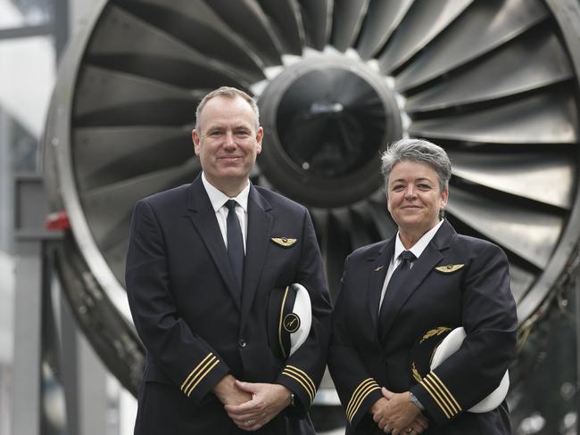 The first pilots for the Qantas Dreamliner flight from Perth to London. Captain Lisa Norman and first officer David Summergreene. Picture: Tim Pascoe