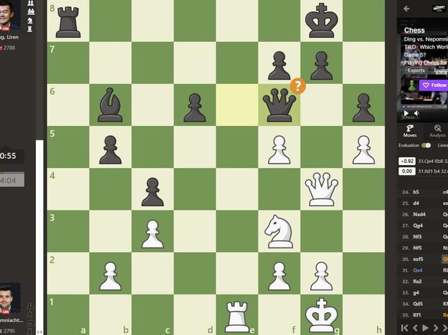 Ding Liren’s move 30. Qf6 was his first major mistake. Picture: Chess.com