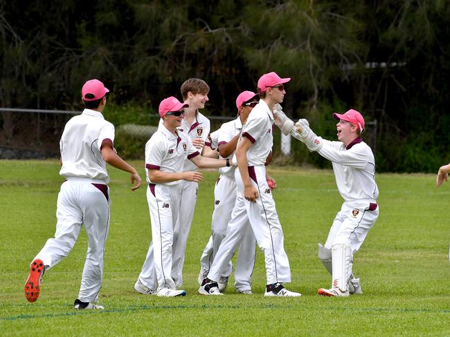 St Peters players celebrate a wicketAIC First XI cricket between St Peters and Marist College Ashgrove.Saturday March 12, 2022. Picture, John Gass