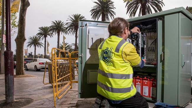 An NBN Co technician during the installation of fibre-to-the-building connections in Sydney. Picture: Cole Bennetts/Bloomberg