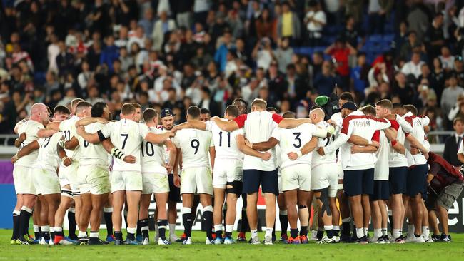 England players form a huddle after winning their Rugby World Cup 2019 semi-final match against New Zealand. Picture: Getty Images