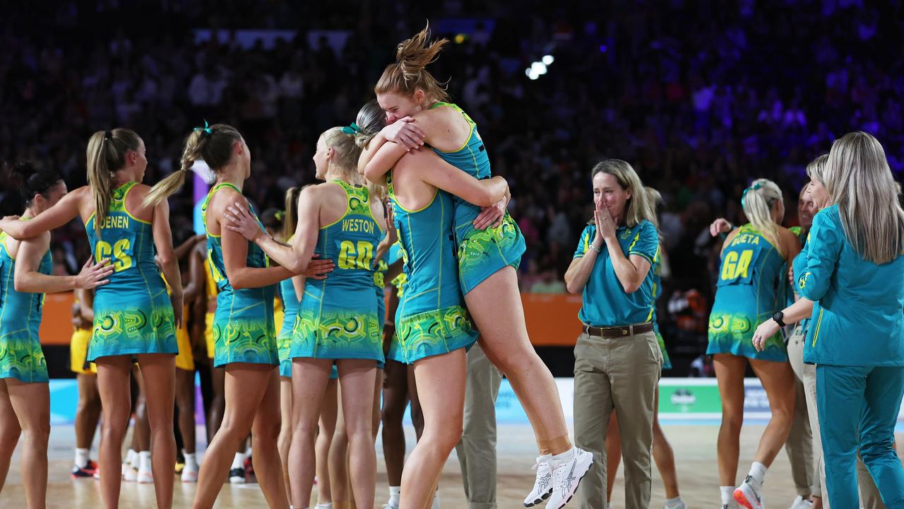 Team Australia celebrate victory during the Netball Gold Medal