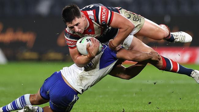 SYDNEY, AUSTRALIA - JULY 10: Victor Radley of the Roosters is tackled during the round 17 NRL match between the Canterbury Bulldogs and the Sydney Roosters at Bankwest Stadium, on July 10, 2021, in Sydney, Australia. (Photo by Cameron Spencer/Getty Images)