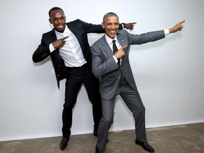 President Barack Obama mimics the victory pose with Usain Bolt, the fastest runner in the world in Jamaica. Picture: Pete Souza/The White House