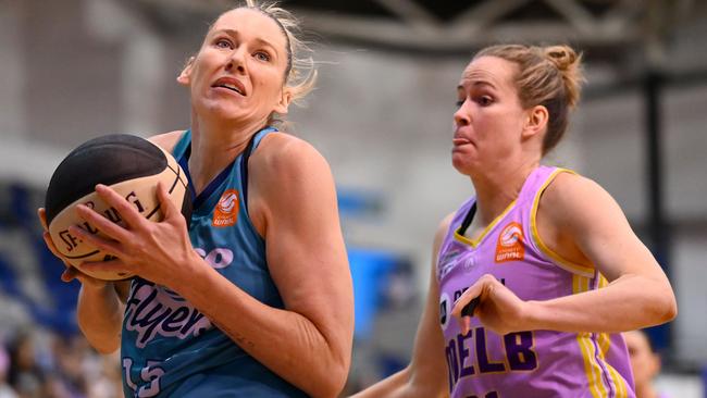 MELBOURNE, AUSTRALIA - FEBRUARY 28: Lauren Jackson of the Southside Flyers catches the ball during the WNBL match between Southside Flyers and Melbourne Boomers at Melbourne Sports Centres - Parkville, on February 28, 2024, in Melbourne, Australia. (Photo by Morgan Hancock/Getty Images)