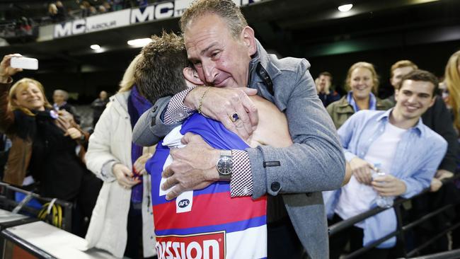 Bontempelli celebrates with dad after his first win, June 15, 2014. Picture: Michael Klein