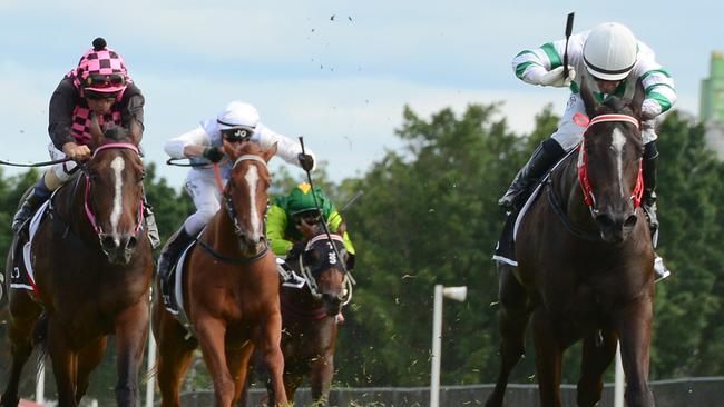 Kisukano (right) defeated Rothfire in the Jewel 2YO at the Gold Coast in March. Picture: Trackside Photography
