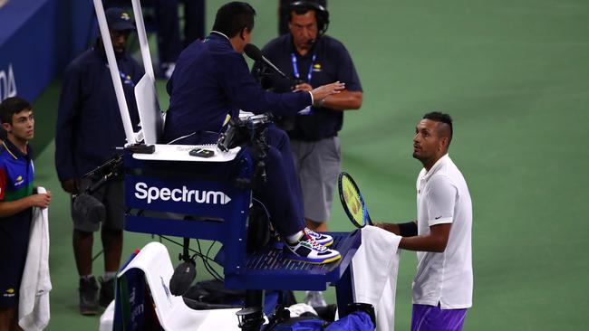 NEW YORK, NEW YORK - AUGUST 27:  Nick Kyrgios of Australia talks to the chair umpire during his Men's Singles first round match against Steve Johnson of the United States on day two of the 2019 US Open at the USTA Billie Jean King National Tennis Center on August 27, 2019 in the Flushing neighborhood of the Queens borough of New York City. (Photo by Clive Brunskill/Getty Images)