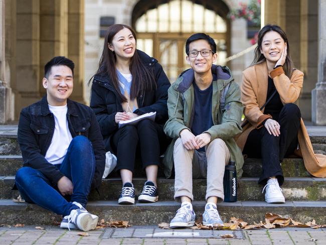 30/06/2021 Chinese students (L-R) Eugene Soo (20), Kathleen Xiao (21), Tony Xie (20) and Lydia Jiang who are members of a Facebook group at their Saturday Chinese school which is now one of the largest in Australia and has inspired a television series. Aaron Francis/The Australian