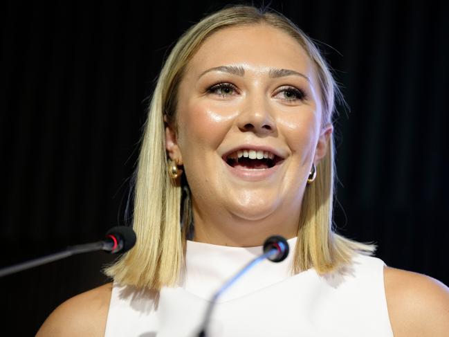 MELBOURNE, AUSTRALIA - NOVEMBER 30: Georgie Horjus speaks onstage after receiving the Suncorp Super Netball Player of the Year award during the 2024 Netball Australia Awards Night at Glasshouse on November 30, 2024 in Melbourne, Australia. (Photo by Asanka Ratnayake/Getty Images for Netball Australia)