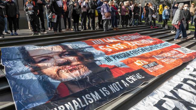 Rally for the Free Julian Assange on his 51st Birthday at the State library of Victoria. Picture: Tony Gough