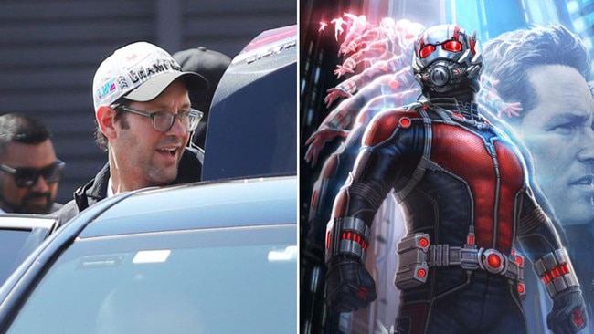 Arriving in Sydney airport, left, is actor Paul Rudd, ahead of the premiere of the new Ant-Man movie, Ant-Man and The Wasp: Quantumania in which he reprises his Marvel alter-ego, right. Pictures: Richard Dobson/Supplied