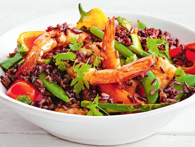 Black rice, prawn and asparagus stir-fry.