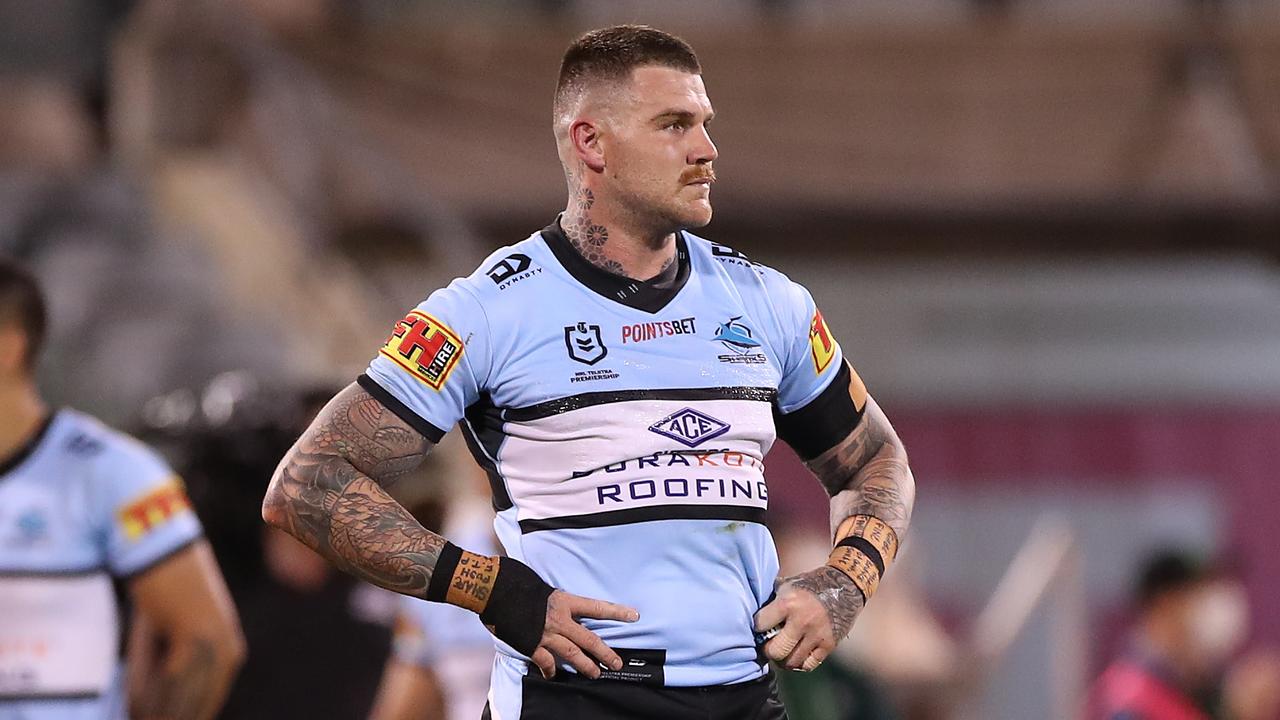 CANBERRA, AUSTRALIA - OCTOBER 03: Josh Dugan of the Sharks reacts after the NRL Elimination Final match between the Canberra Raiders and the Cronulla Sharks at GIO Stadium on October 03, 2020 in Canberra, Australia. (Photo by Mark Kolbe/Getty Images)
