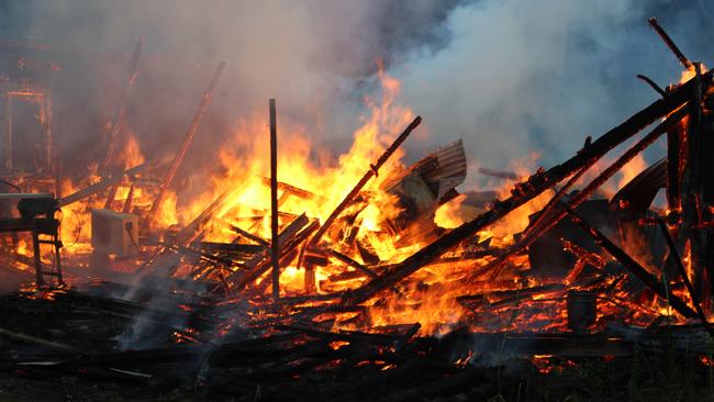 Fire that destroyed one of Tasmania’s oldest remaining hop kilns at Lachlan on Sunday. Picture: DAMIAN BESTER