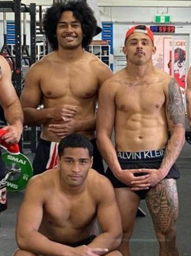 Jayden Sullivan with boom centres Max Feagai (top left) and Mat Feagai (bottom left).