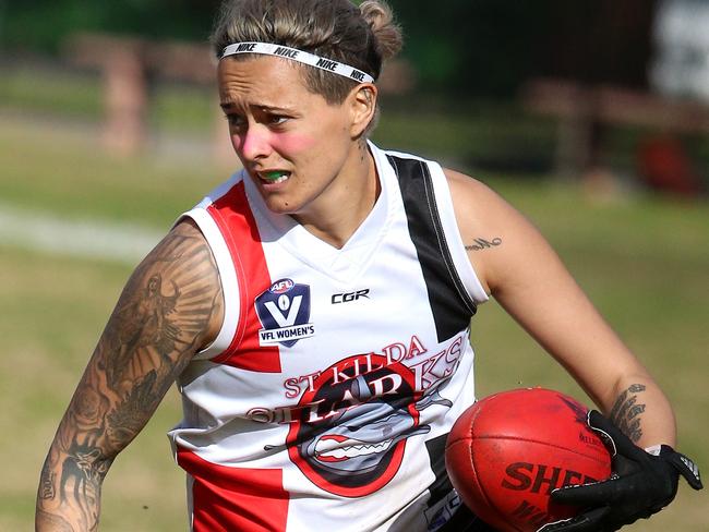 Collingwood 2017 AFL women's league marquee player Moana Hope needs 11 goals to be the first woman to kick 100 goals in the WVFL when she runs out for St Kilda Sharks on Sunday. She kicked 10 for the match and needs one more next week for the 100. She is pictured in action on Sunday 14th August, 2016. Picture: Mark Dadswell Hope kicked 2 goals 6 in the last quarter