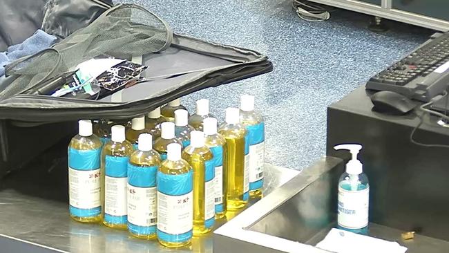 Australian Border Force officers allegedly found liquid methamphetamine concealed in 17 body oil bottles in October 2022. Picture: ABF