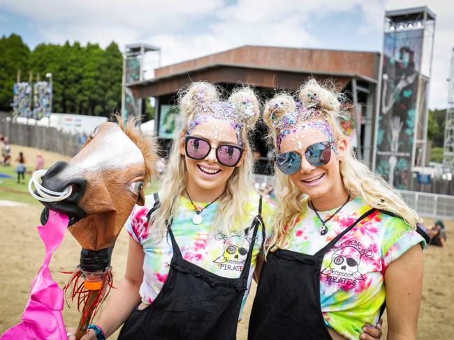 Lorne Falls Festival: New Years Eve 2017. Molly Clancy and Emily Shearer are happy to ride in the new year. Picture- Nicole Cleary