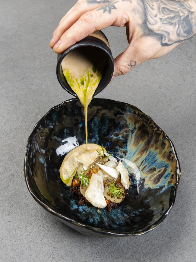 Mirin washed Hervey Bay scallop, tom yum, yuzu, crystallised peanut. Photo: Josef Ruckli, QAGOMA.