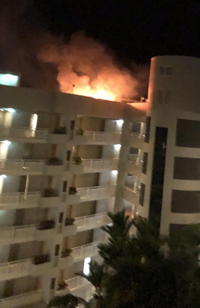 The fiery scene after a helicopter crashed into the roof of the Double Tree Hilton. Picture: Tony Topp