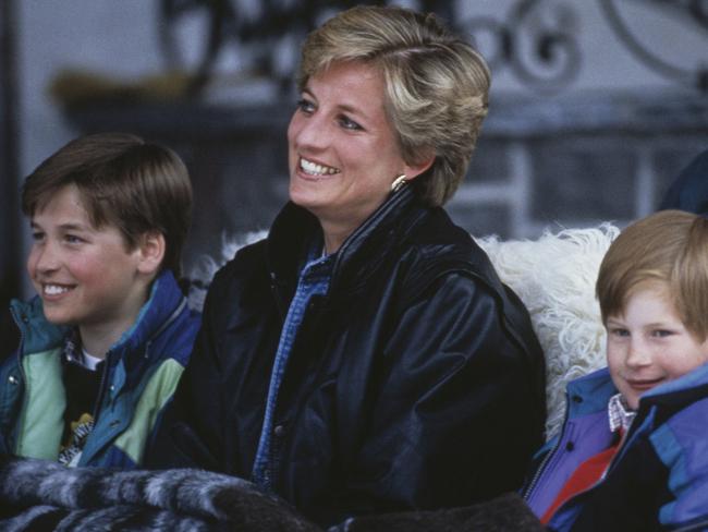 Princess Diana with her sons Prince William (left) and Prince Harry on a skiing holiday in Lech, Austria, on March 30, 1993. Picture: Jayne Fincher/Getty